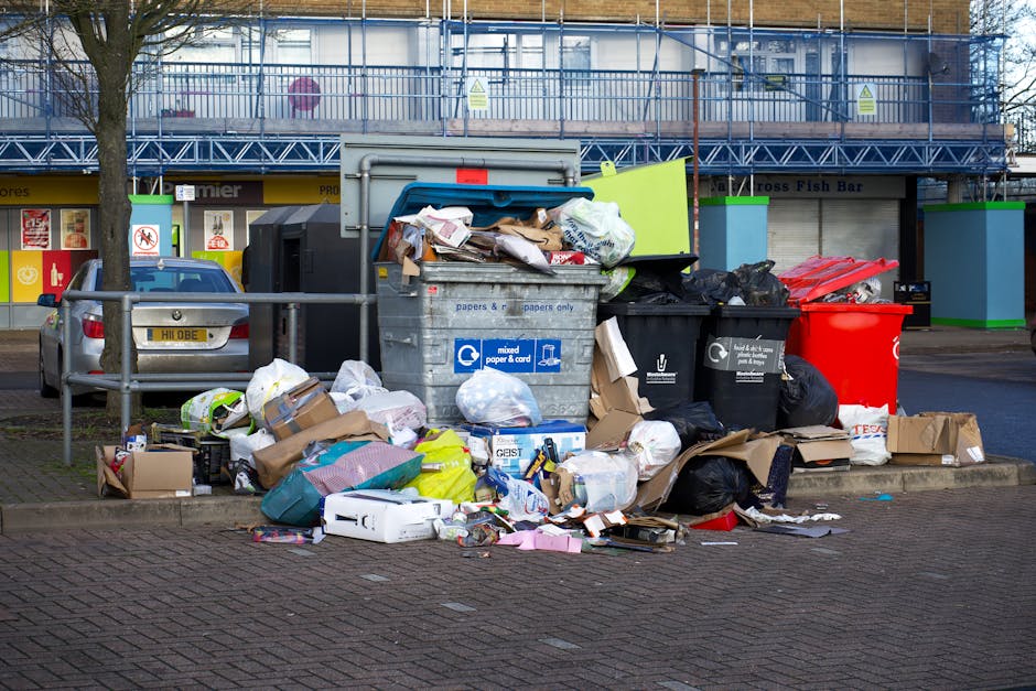 A row of five large wheelie bins placed on a paved driveway next to a brick wall, with the closest bin being green and the others in blue, red, and dark green. The bins have textured, ribbed lids with